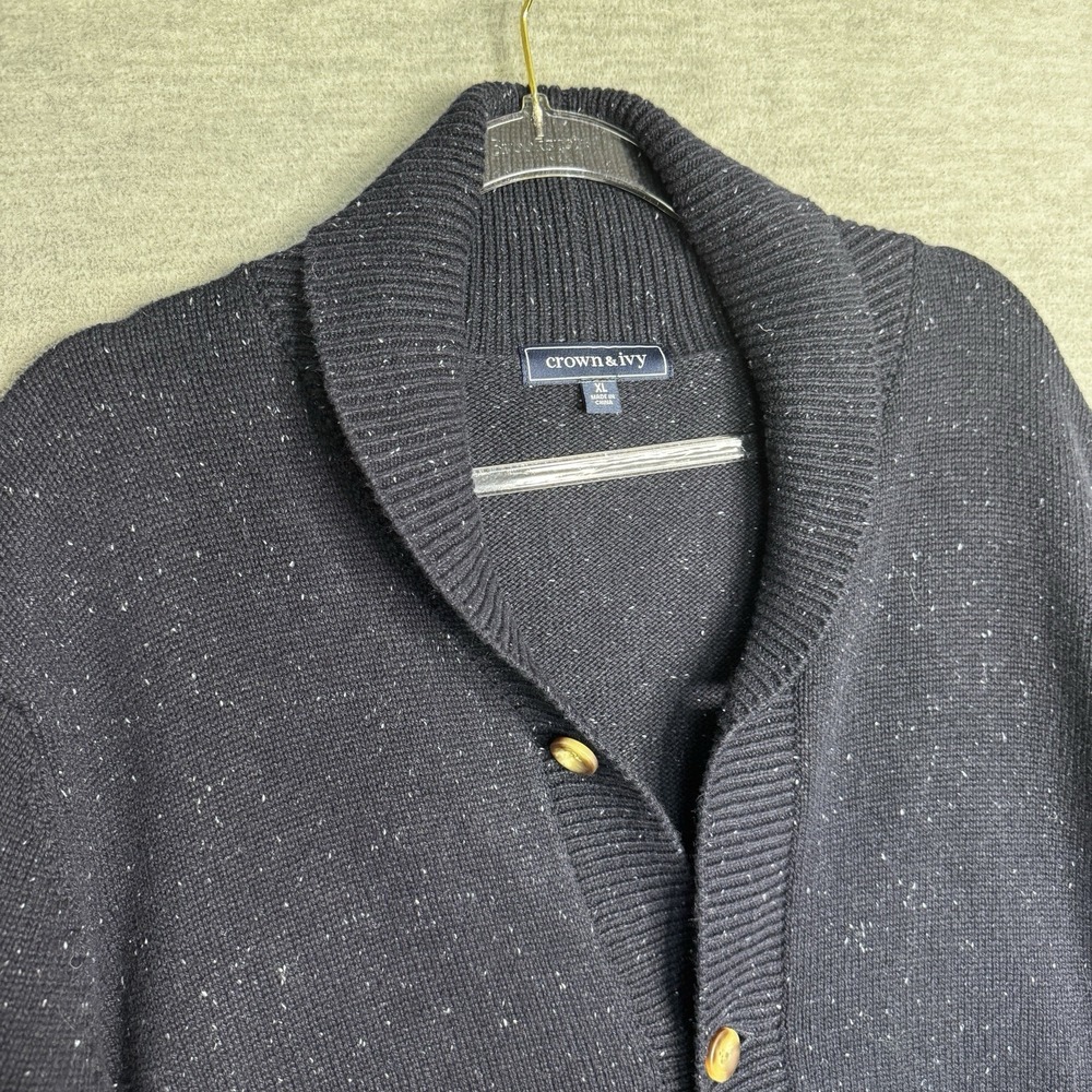 Mens Navy Blue Button Up Shawl Cardigan  Sweater Size XL Grandpa Academia Speckl - Picture 3 of 5